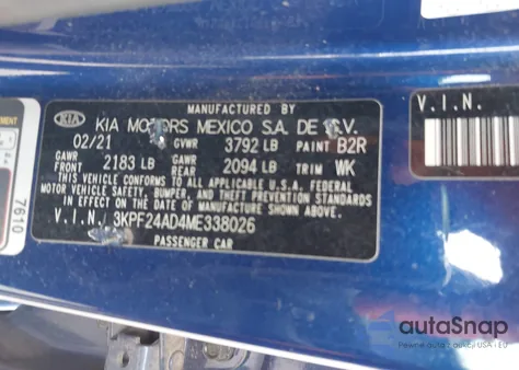 2021 Kia Forte Lxs из США, поврежденный, VIN 3KPF24AD4ME338026